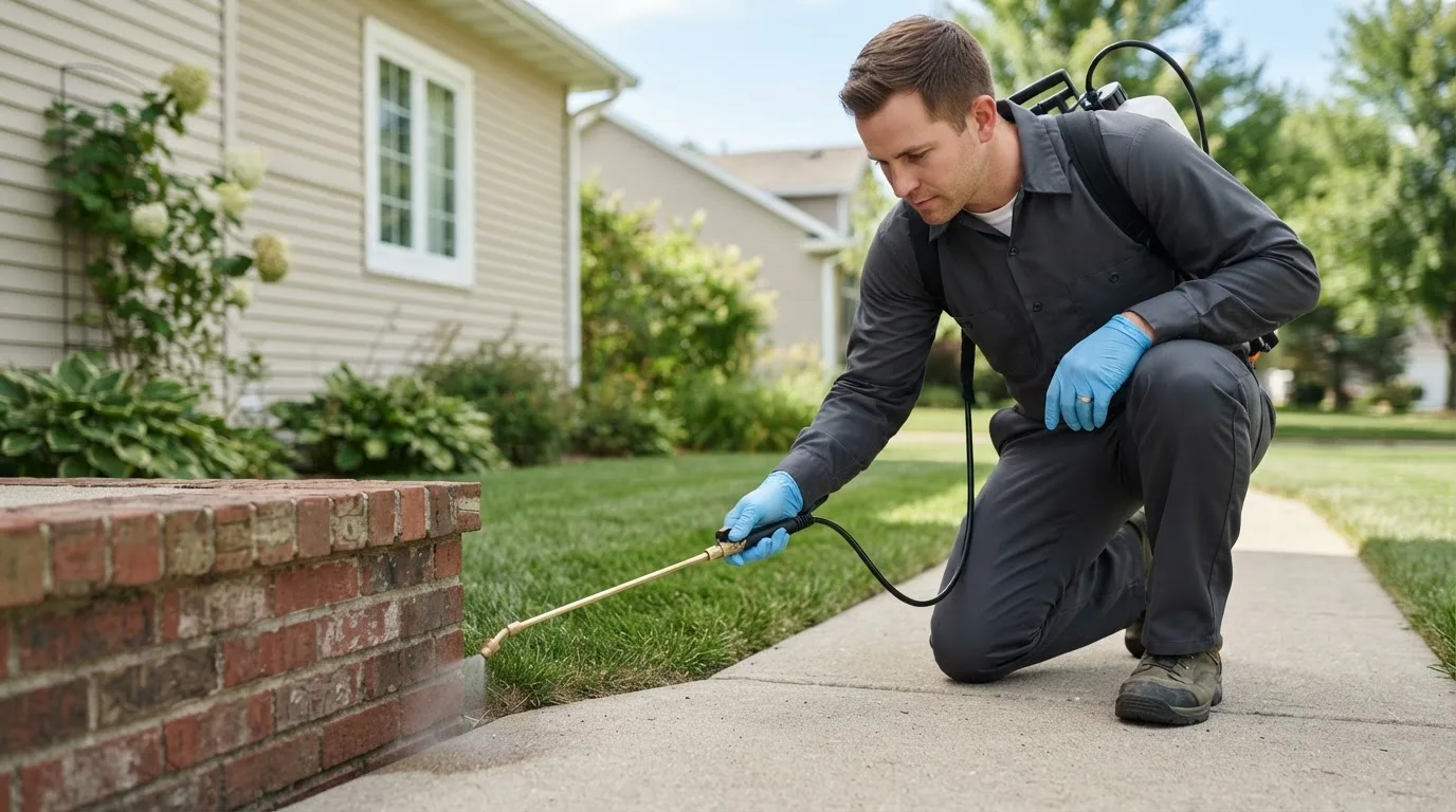 Pest control technician treating a home near Durham, NH